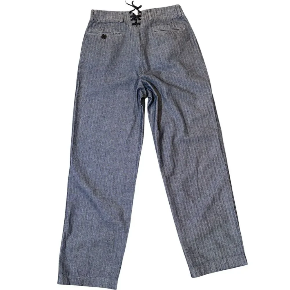 Jipijapa Japan Pants Size 2 Blue Herringbone Button High Rise Lace Up Back - Picture 2 of 8